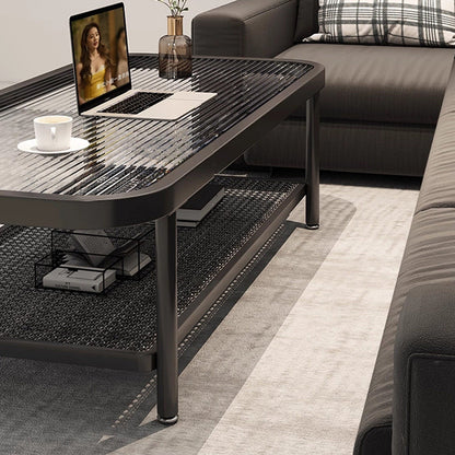 Traditional French Glass Iron Rounded Rectangular Coffee Table 2-Tier For Living Room