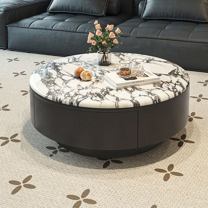 Contemporary Scandinavian Microcrystalline Stone Carbon Steel Acrylic Solid Wood Round Cylindrical Coffee Table With 1-Drawer For Living Room