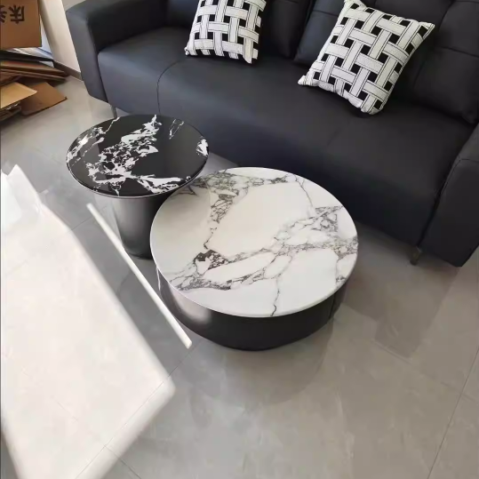 Contemporary Scandinavian Microcrystalline Stone Carbon Steel Acrylic Solid Wood Round Cylindrical Coffee Table With 1-Drawer For Living Room