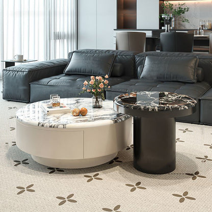 Contemporary Scandinavian Microcrystalline Stone Carbon Steel Acrylic Solid Wood Round Cylindrical Coffee Table With 1-Drawer For Living Room
