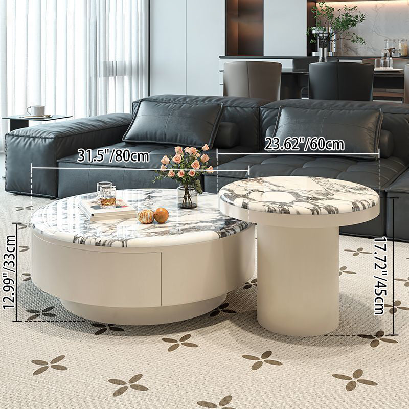 Contemporary Scandinavian Microcrystalline Stone Carbon Steel Acrylic Solid Wood Round Cylindrical Coffee Table With 1-Drawer For Living Room