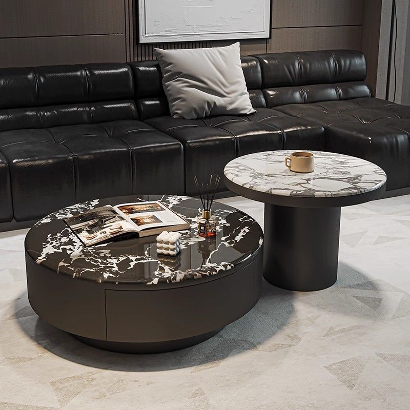 Contemporary Scandinavian Microcrystalline Stone Carbon Steel Acrylic Solid Wood Round Cylindrical Coffee Table With 1-Drawer For Living Room