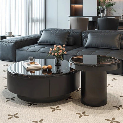 Contemporary Scandinavian Microcrystalline Stone Carbon Steel Acrylic Solid Wood Round Cylindrical Coffee Table With 1-Drawer For Living Room