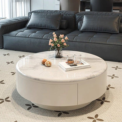 Contemporary Scandinavian Microcrystalline Stone Carbon Steel Acrylic Solid Wood Round Cylindrical Coffee Table With 1-Drawer For Living Room