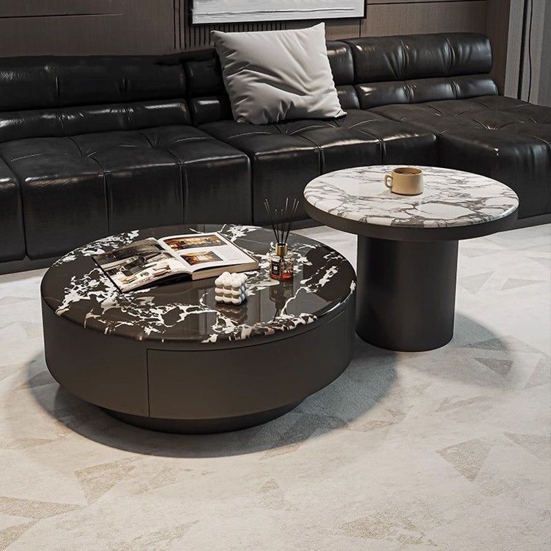 Contemporary Scandinavian Microcrystalline Stone Carbon Steel Acrylic Solid Wood Round Cylindrical Coffee Table With 1-Drawer For Living Room