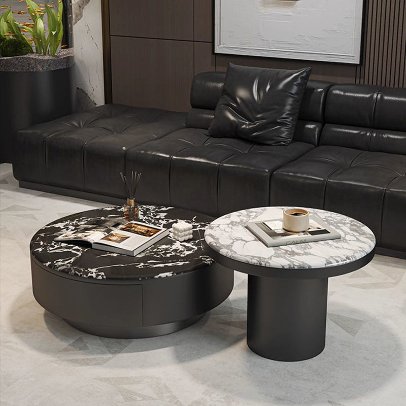Contemporary Scandinavian Microcrystalline Stone Carbon Steel Acrylic Solid Wood Round Cylindrical Coffee Table With 1-Drawer For Living Room