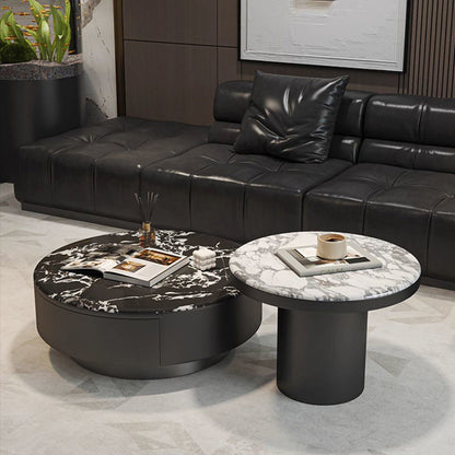 Contemporary Scandinavian Microcrystalline Stone Carbon Steel Acrylic Solid Wood Round Cylindrical Coffee Table With 1-Drawer For Living Room