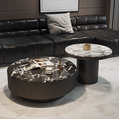 Contemporary Scandinavian Microcrystalline Stone Carbon Steel Acrylic Solid Wood Round Cylindrical Coffee Table With 1-Drawer For Living Room