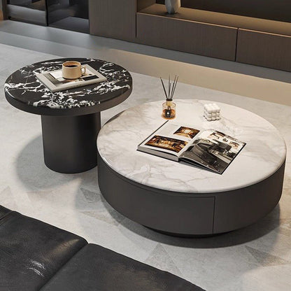 Contemporary Scandinavian Microcrystalline Stone Carbon Steel Acrylic Solid Wood Round Cylindrical Coffee Table With 1-Drawer For Living Room