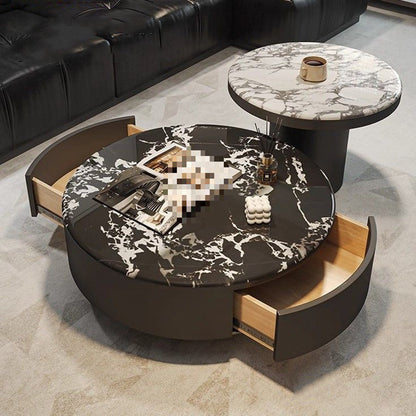 Contemporary Scandinavian Microcrystalline Stone Carbon Steel Acrylic Solid Wood Round Cylindrical Coffee Table With 1-Drawer For Living Room