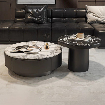 Contemporary Scandinavian Microcrystalline Stone Carbon Steel Acrylic Solid Wood Round Cylindrical Coffee Table With 1-Drawer For Living Room