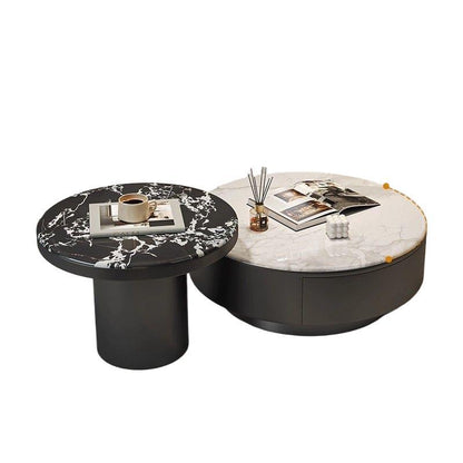 Contemporary Scandinavian Microcrystalline Stone Carbon Steel Acrylic Solid Wood Round Cylindrical Coffee Table With 1-Drawer For Living Room