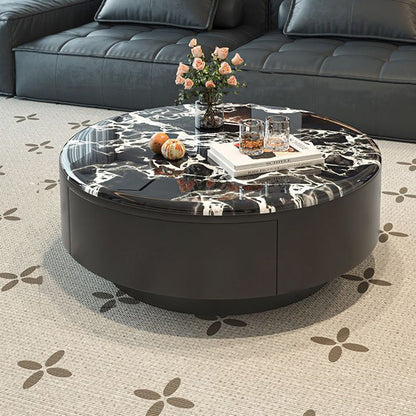 Contemporary Scandinavian Microcrystalline Stone Carbon Steel Acrylic Solid Wood Round Cylindrical Coffee Table With 1-Drawer For Living Room