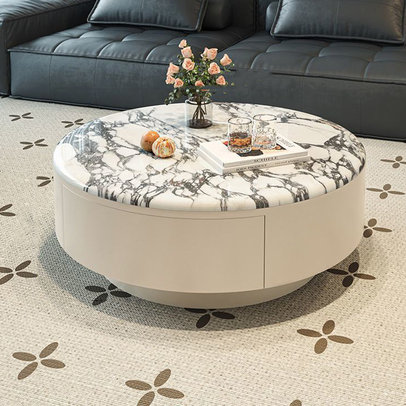 Contemporary Scandinavian Microcrystalline Stone Carbon Steel Acrylic Solid Wood Round Cylindrical Coffee Table With 1-Drawer For Living Room