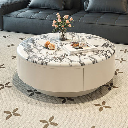 Contemporary Scandinavian Microcrystalline Stone Carbon Steel Acrylic Solid Wood Round Cylindrical Coffee Table With 1-Drawer For Living Room