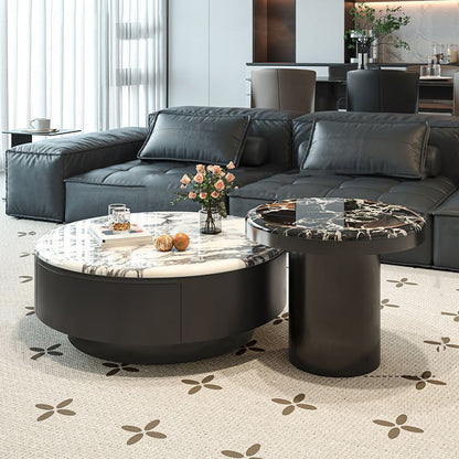 Contemporary Scandinavian Microcrystalline Stone Carbon Steel Acrylic Solid Wood Round Cylindrical Coffee Table With 1-Drawer For Living Room