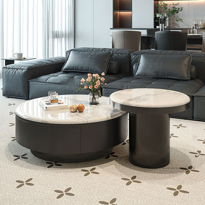 Contemporary Scandinavian Microcrystalline Stone Carbon Steel Acrylic Solid Wood Round Cylindrical Coffee Table With 1-Drawer For Living Room