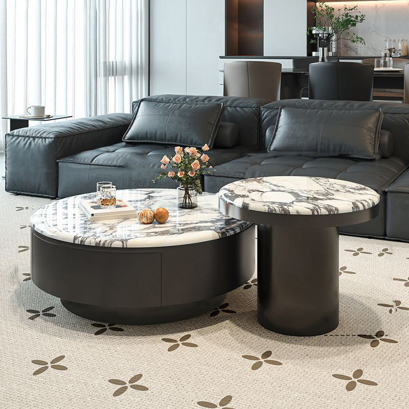 Contemporary Scandinavian Microcrystalline Stone Carbon Steel Acrylic Solid Wood Round Cylindrical Coffee Table With 1-Drawer For Living Room
