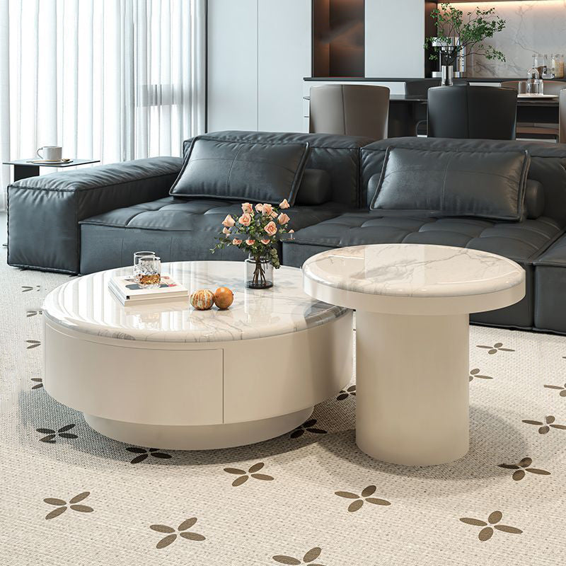 Contemporary Scandinavian Microcrystalline Stone Carbon Steel Acrylic Solid Wood Round Cylindrical Coffee Table With 1-Drawer For Living Room