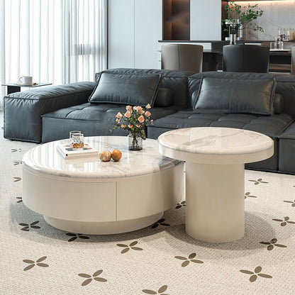 Contemporary Scandinavian Microcrystalline Stone Carbon Steel Acrylic Solid Wood Round Cylindrical Coffee Table With 1-Drawer For Living Room