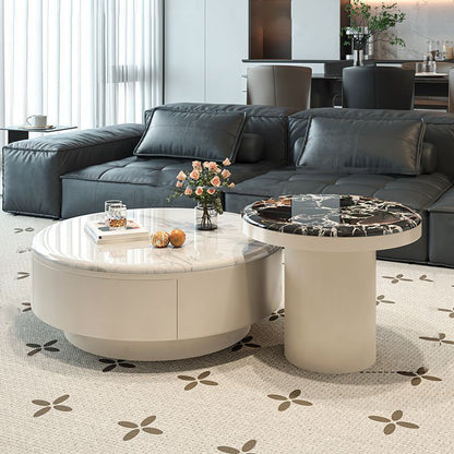 Contemporary Scandinavian Microcrystalline Stone Carbon Steel Acrylic Solid Wood Round Cylindrical Coffee Table With 1-Drawer For Living Room