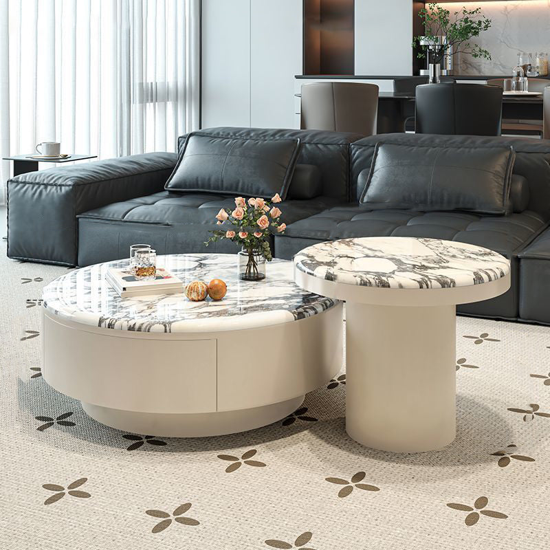 Contemporary Scandinavian Microcrystalline Stone Carbon Steel Acrylic Solid Wood Round Cylindrical Coffee Table With 1-Drawer For Living Room