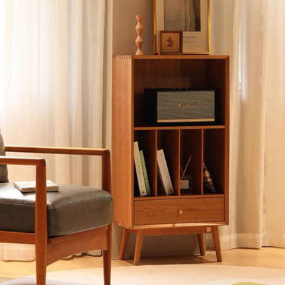 Traditional Japanese Pine Wood Cylindrical Rectangular Storage Shelf With Drawer For Living Room