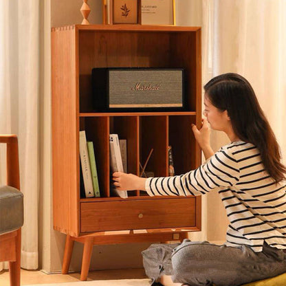 Traditional Japanese Pine Wood Cylindrical Rectangular Storage Shelf With Drawer For Living Room