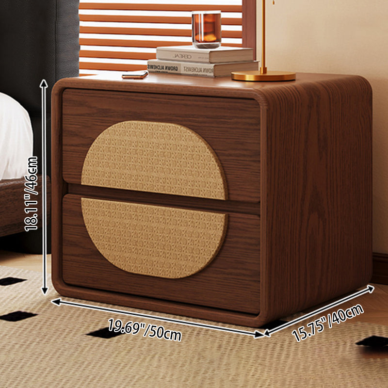 Traditional Chinese Solid Wood Round Rectangular Nightstand 2 Drawers For Bedroom