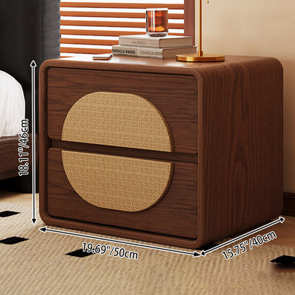 Traditional Chinese Solid Wood Round Rectangular Nightstand 2 Drawers For Bedroom