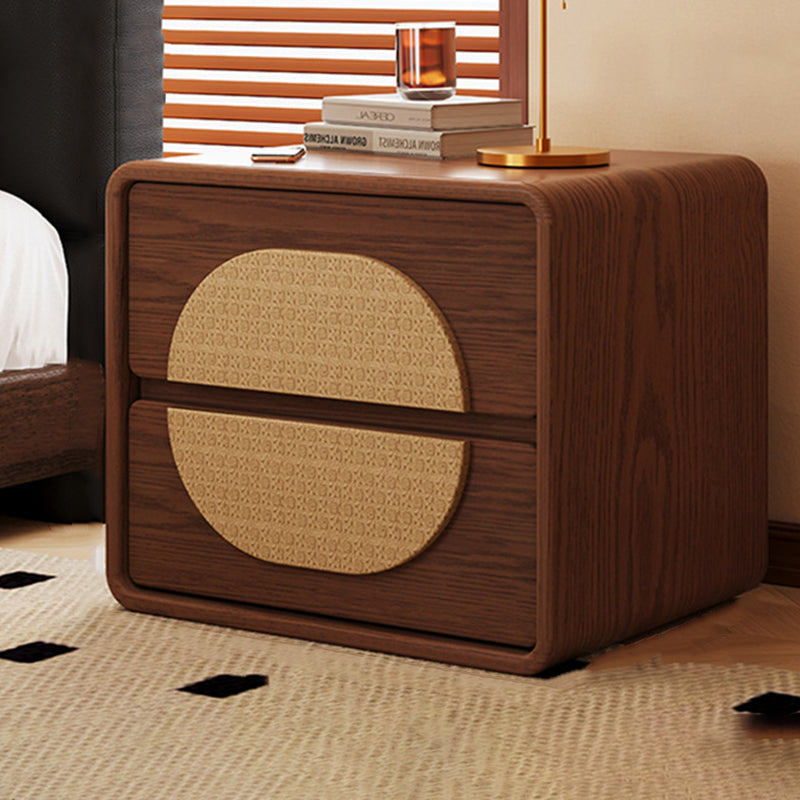 Traditional Chinese Solid Wood Round Rectangular Nightstand 2 Drawers For Bedroom
