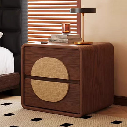 Traditional Chinese Solid Wood Round Rectangular Nightstand 2 Drawers For Bedroom