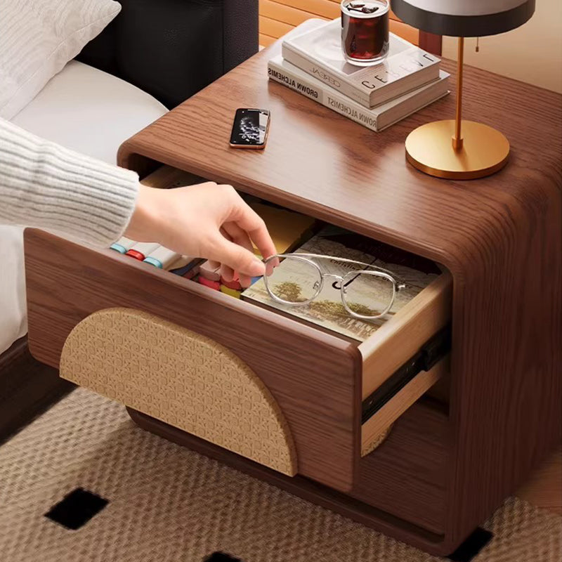Traditional Chinese Solid Wood Round Rectangular Nightstand 2 Drawers For Bedroom