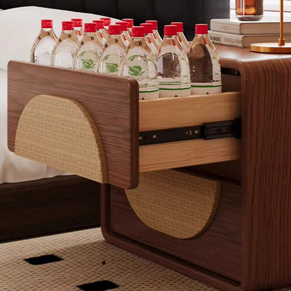 Traditional Chinese Solid Wood Round Rectangular Nightstand 2 Drawers For Bedroom