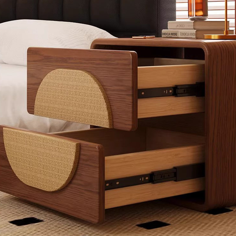 Traditional Chinese Solid Wood Round Rectangular Nightstand 2 Drawers For Bedroom