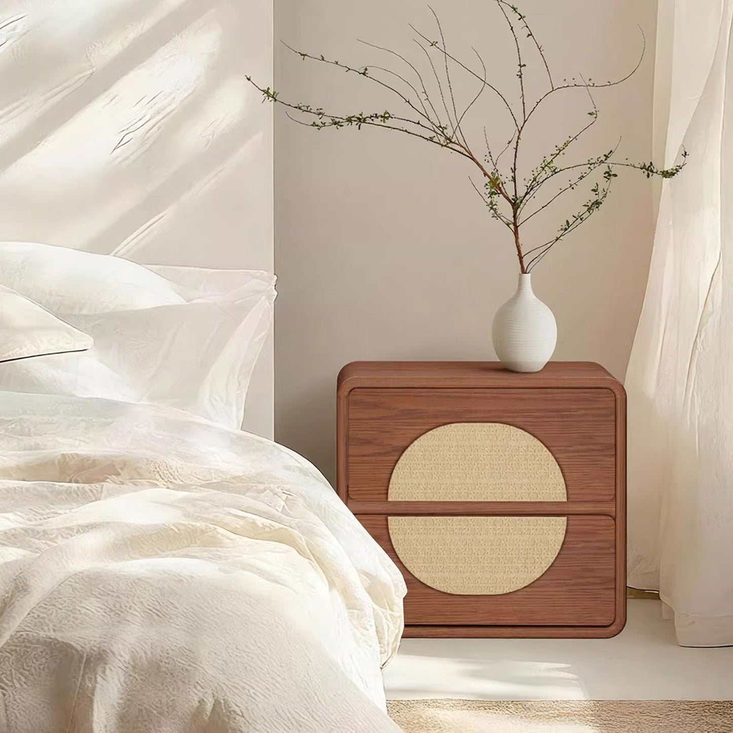 Traditional Chinese Solid Wood Round Rectangular Nightstand 2 Drawers For Bedroom