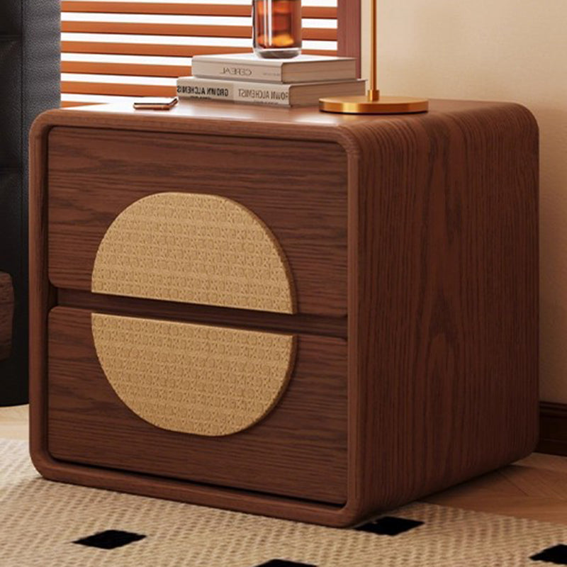 Traditional Chinese Solid Wood Round Rectangular Nightstand 2 Drawers For Bedroom