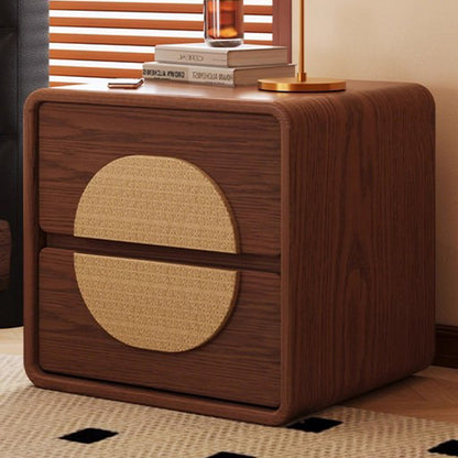 Traditional Chinese Solid Wood Round Rectangular Nightstand 2 Drawers For Bedroom