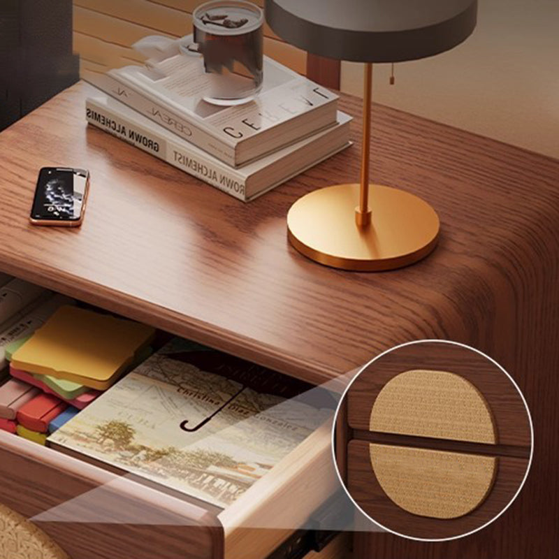 Traditional Chinese Solid Wood Round Rectangular Nightstand 2 Drawers For Bedroom