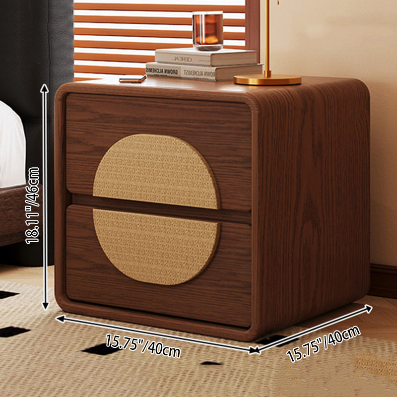 Traditional Chinese Solid Wood Round Rectangular Nightstand 2 Drawers For Bedroom