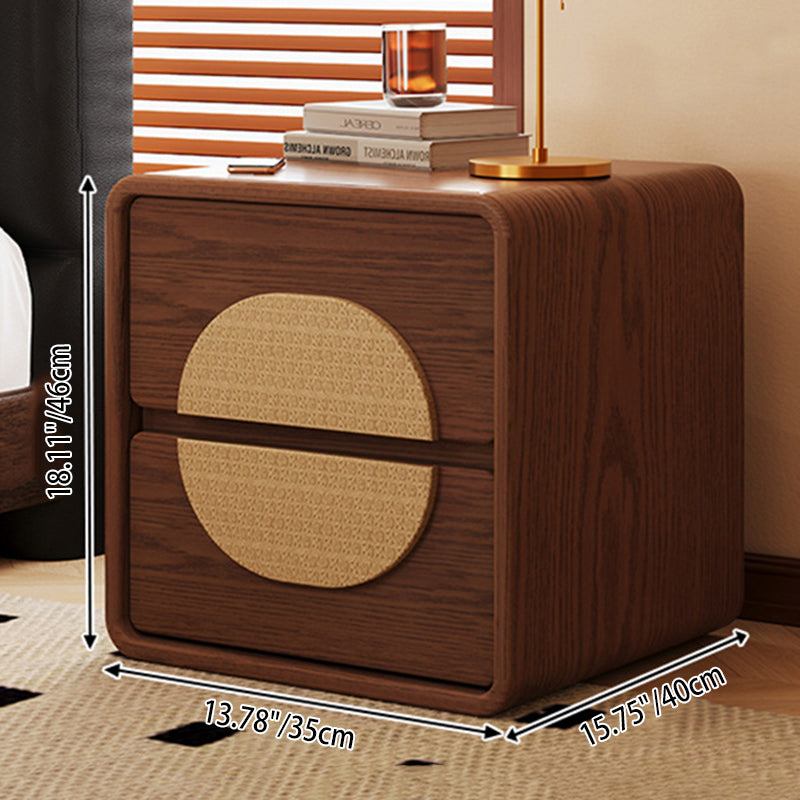 Traditional Chinese Solid Wood Round Rectangular Nightstand 2 Drawers For Bedroom