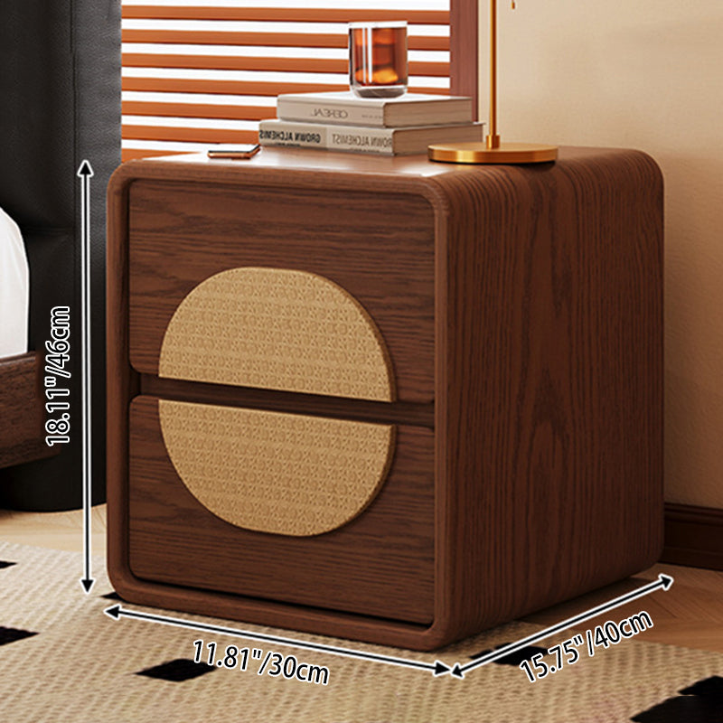 Traditional Chinese Solid Wood Round Rectangular Nightstand 2 Drawers For Bedroom