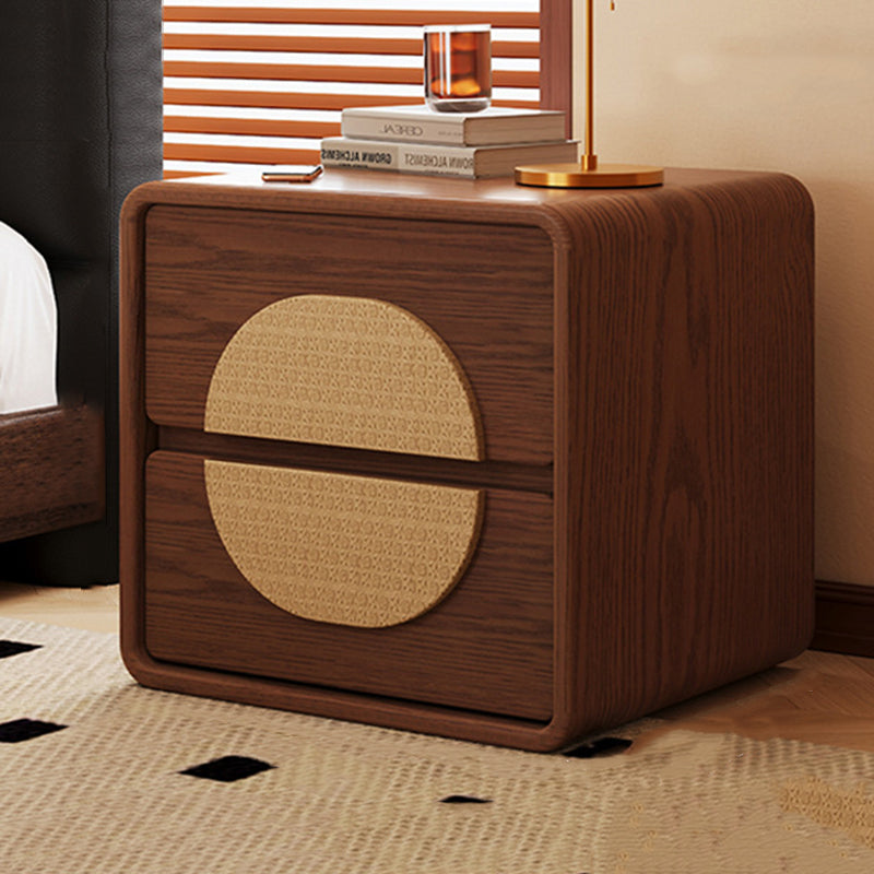Traditional Chinese Solid Wood Round Rectangular Nightstand 2 Drawers For Bedroom