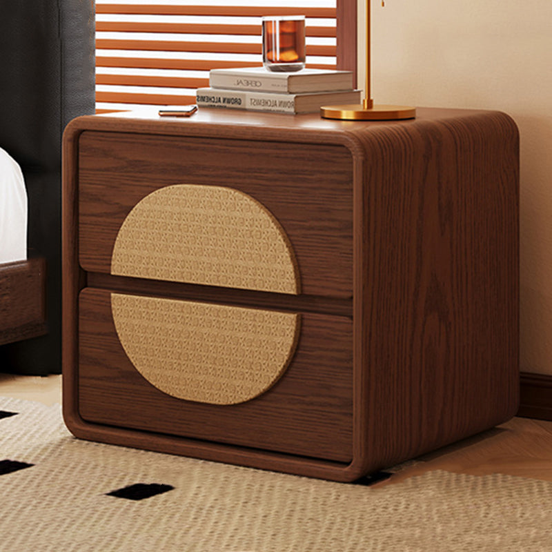 Traditional Chinese Solid Wood Round Rectangular Nightstand 2 Drawers For Bedroom