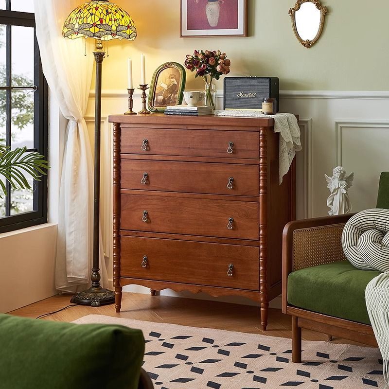 Traditional French Ash Wood Round Rectangular Storage Cabinet 4 Drawers For Living Room