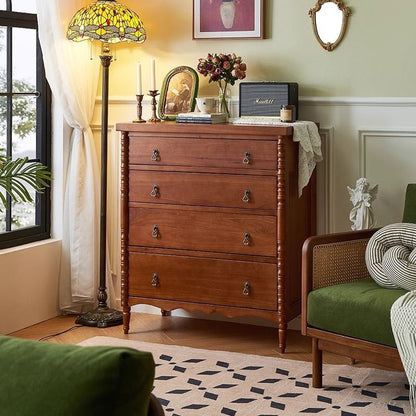 Traditional French Ash Wood Round Rectangular Storage Cabinet 4 Drawers For Living Room