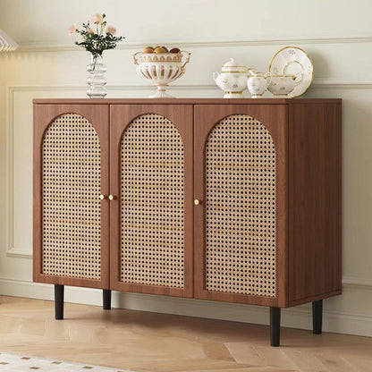 Traditional French Engineered Wood Glass Rattan Rectangular Cylindrical Storage Cabinet 2-Tier For Living Room