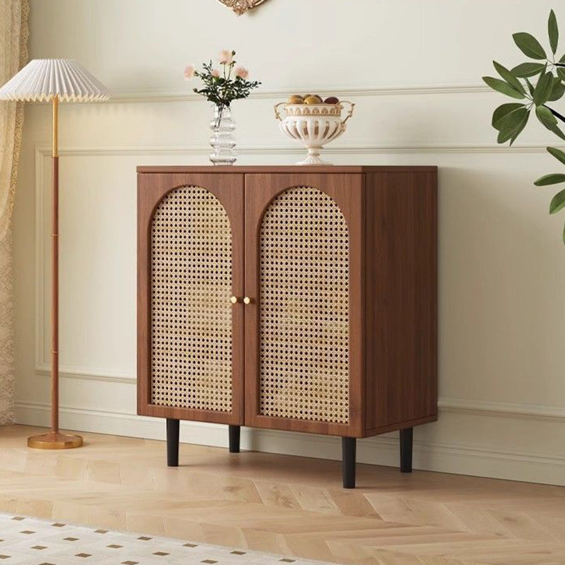 Traditional French Engineered Wood Glass Rattan Rectangular Cylindrical Storage Cabinet 2-Tier For Living Room