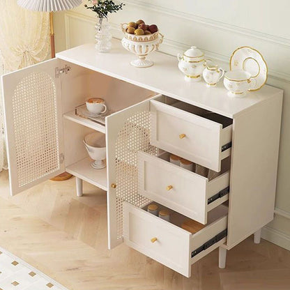 Traditional French Engineered Wood Glass Rattan Rectangular Cylindrical Storage Cabinet 2-Tier For Living Room