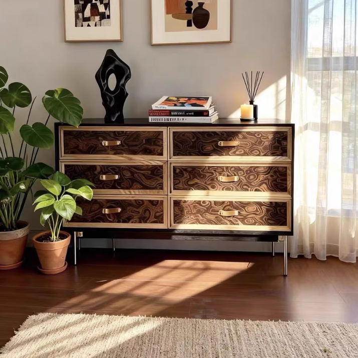 Traditional French Multi-layer Solid Wood Stainless Steel Rectangular Storage Cabinet 6-Drawer For Living Room